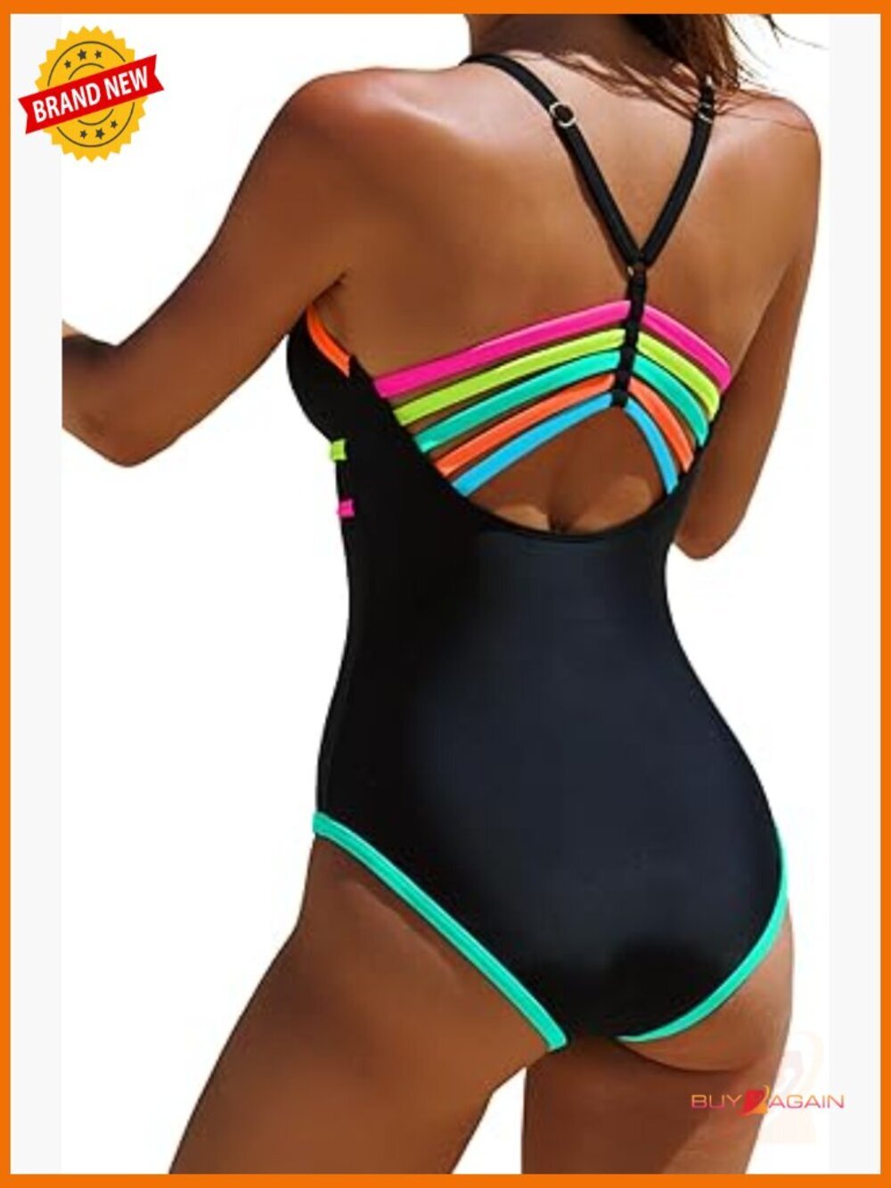 Neon Color Block One Piece Swimsuit with Low Back Crisscross Straps Slimming